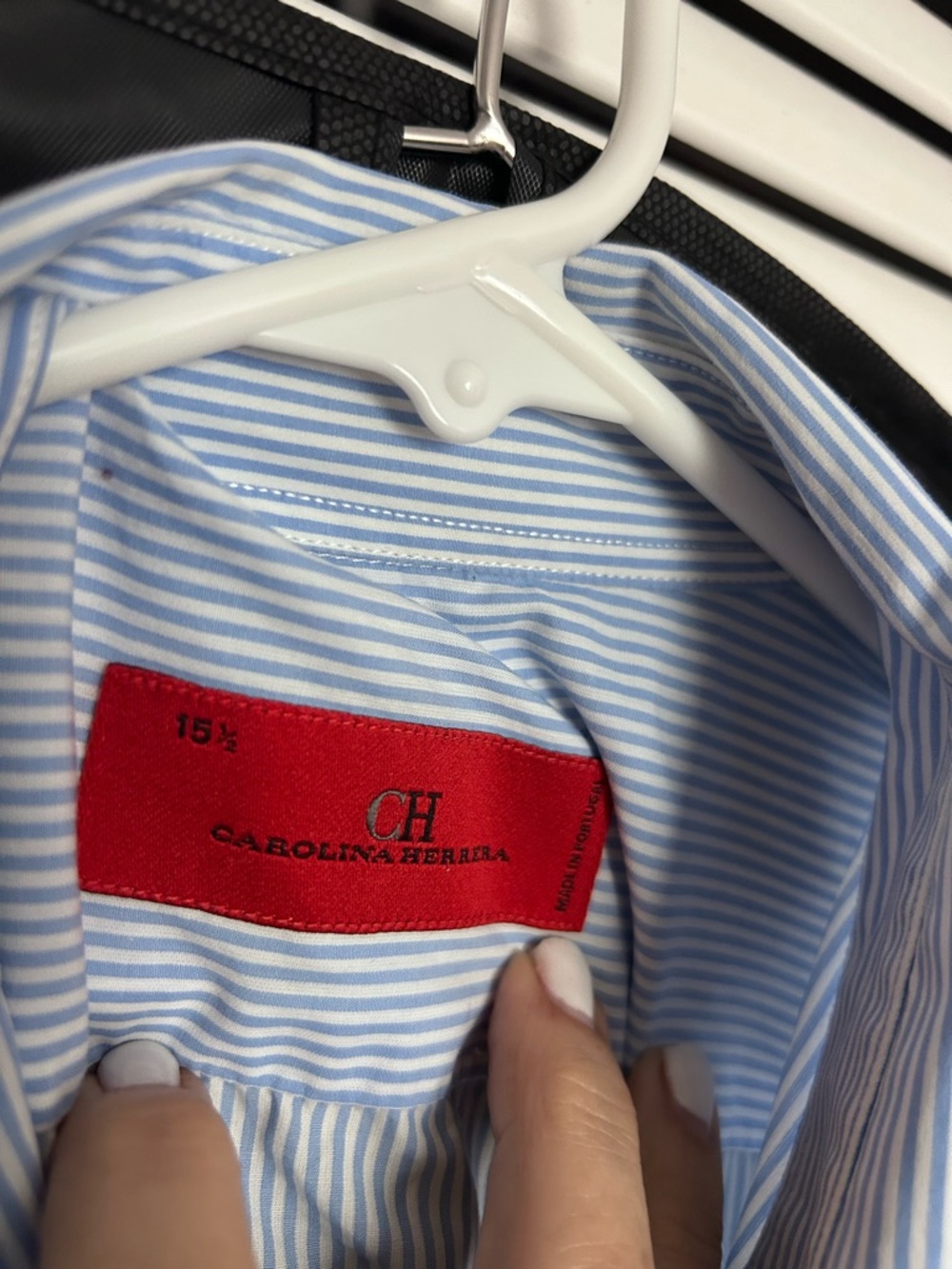 Carolina Herrera Light Blue and White Pinstripe Shirt with Red Label - Picture 3 of 10
